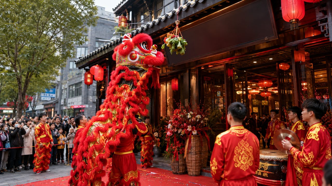 火锅店开业舞狮如何配合门头招牌？采青+鼓点+招牌联动