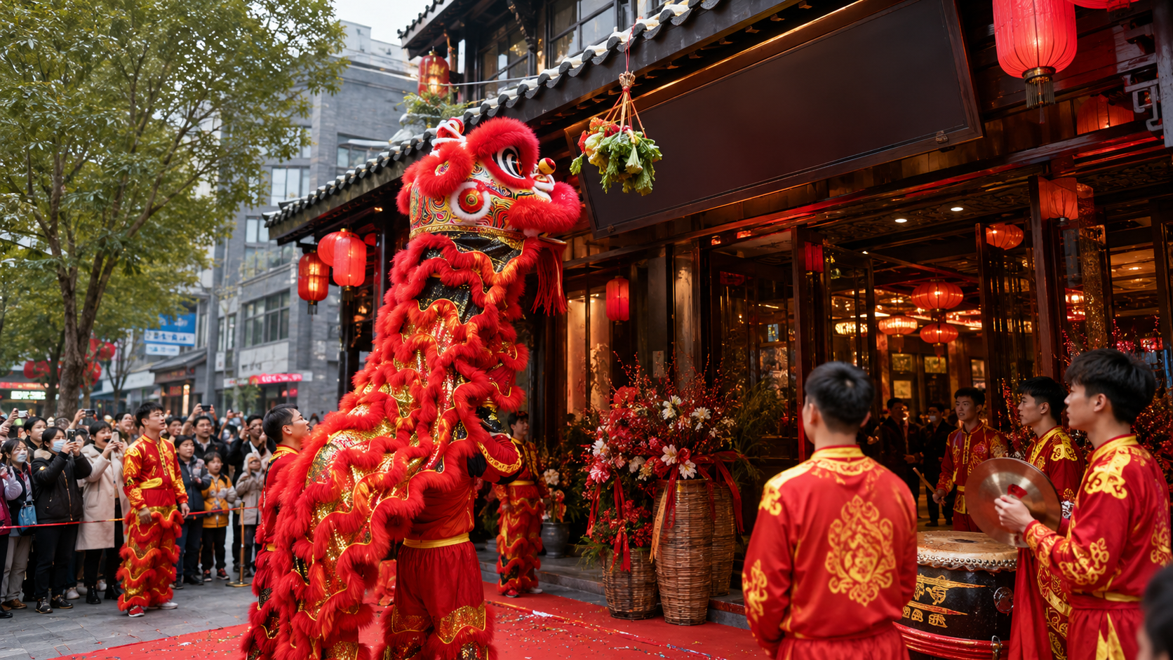 火锅店开业舞狮如何配合门头招牌？采青+鼓点+招牌联动